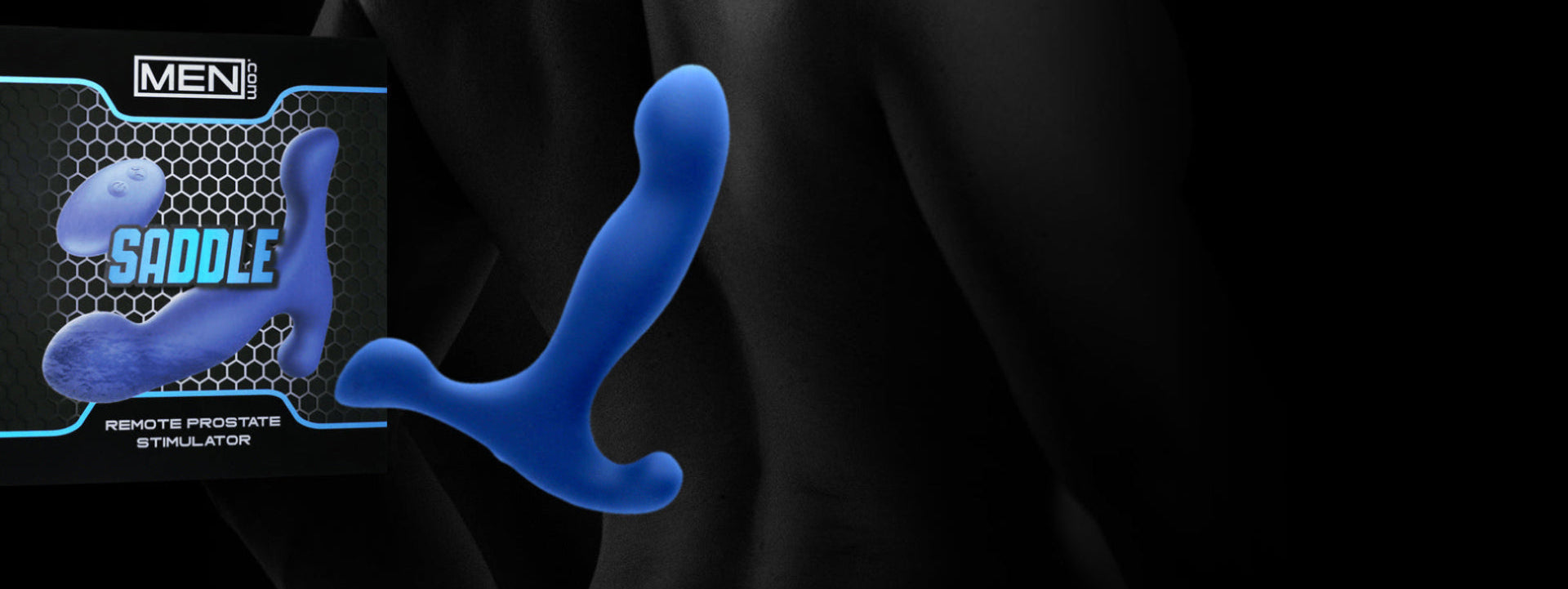 A blue remote-controlled prostate stimulator shown alongside its black retail packaging box labeled 'MEN SADDLE REMOTE PROSTATE STIMULATION' against a dark, shadowed male torso silhouette.