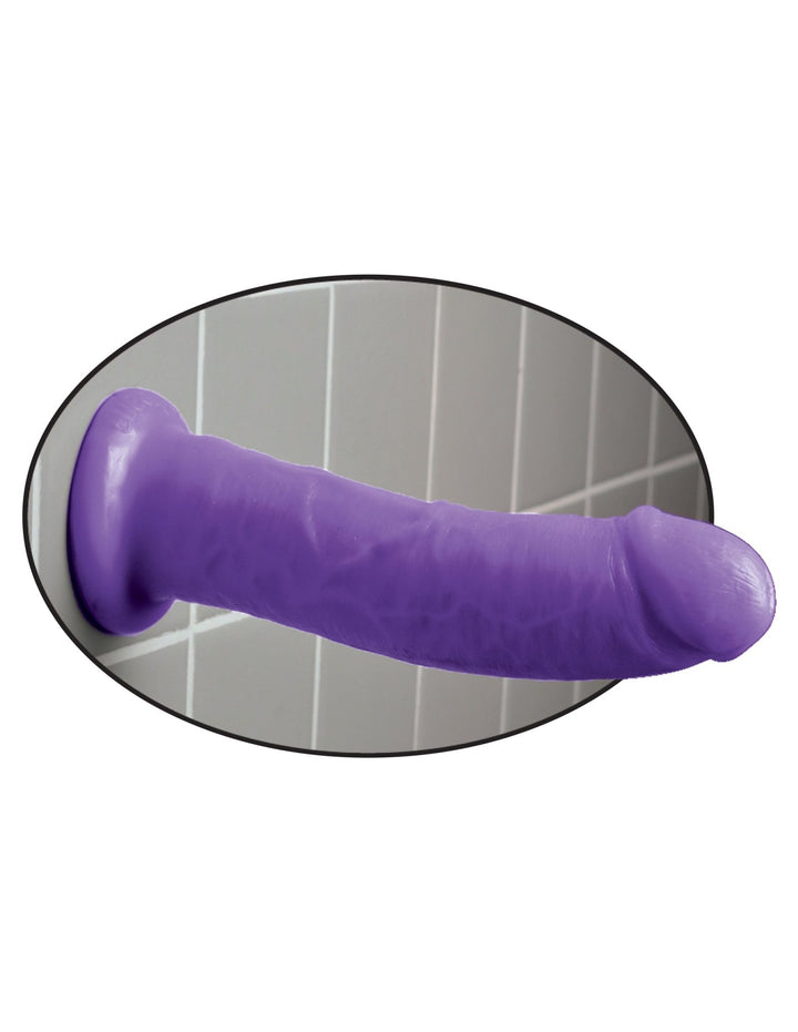 Pipedream Dillio 8" purple dildo attached to tile wall