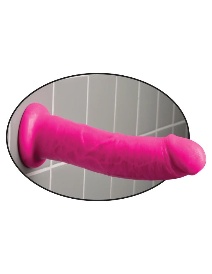 Pipedream Dillio 8" hot pink dildo attached to wall 