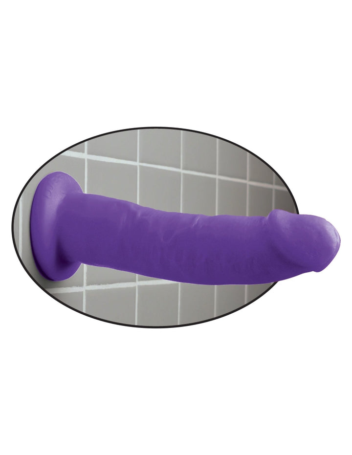 Pipedream Dillio 9" purple dildo attached to tile wall