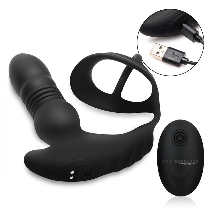 ThunderPlugs 10X Thrusting Silicone Vibrator w/ Cock & Ball Strap & Remote - ANAL PLAY - Romeo Romeo